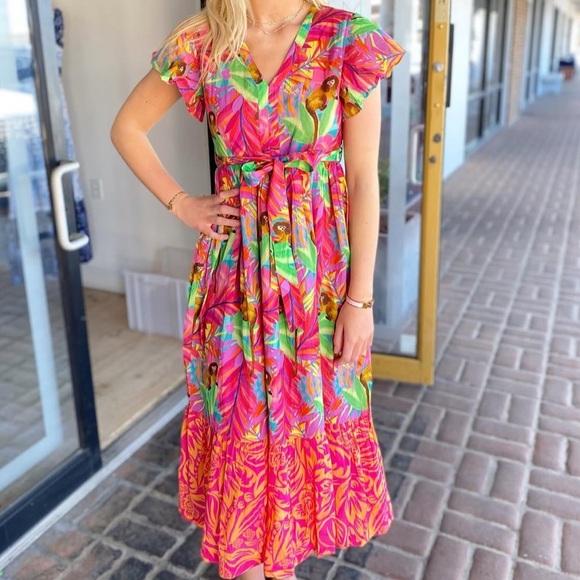 Briton Court Tropical Floral Monkey Ruffle Dress Cap Sleeve Maxi Dress medium - Picture 8 of 8